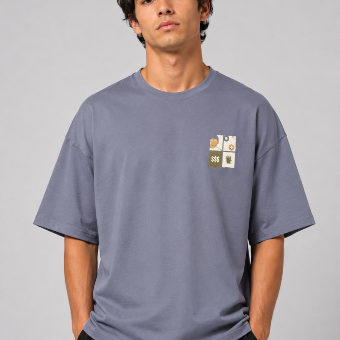 Slate Blue Drop Shoulder Minimalist Grid Graphic T-Shirt