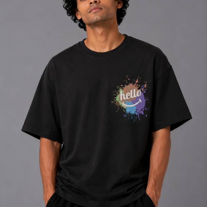 Black Drop Shoulder Paint Splatter "Hello" T-Shirt