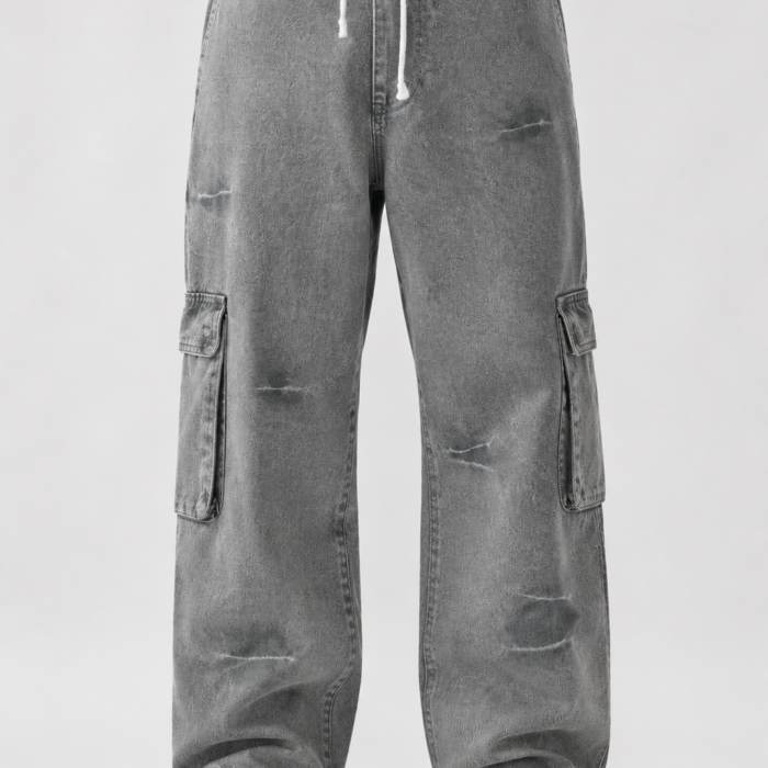 Oversized Distressed Drawstring Cargo Denim
