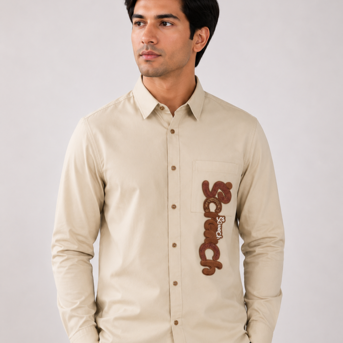 Beige Graphic Appliqué Button-Down Shirt