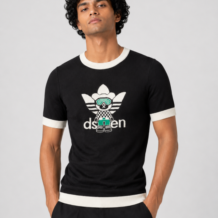 Black Retro Contrast Trim Knit T-Shirt