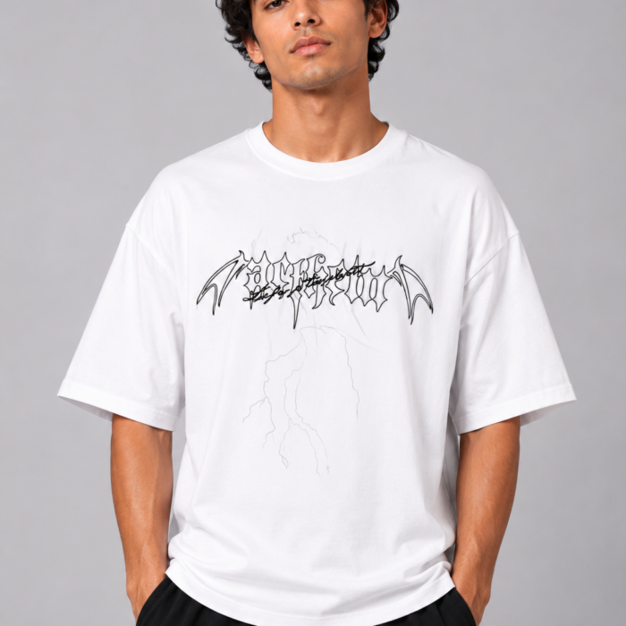 White Drop Shoulder Gothic Cyber-Sigilism Graphic T-Shirt