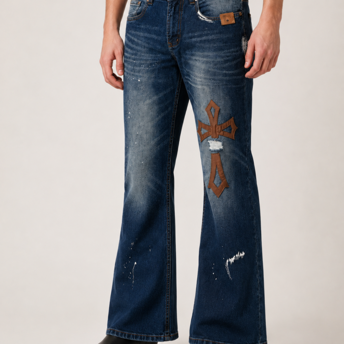 Distressed Vintage-Wash Bootcut Jeans with Cross Applique