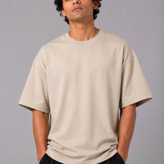 Solid Beige Oversized Drop Shoulder T-Shirt