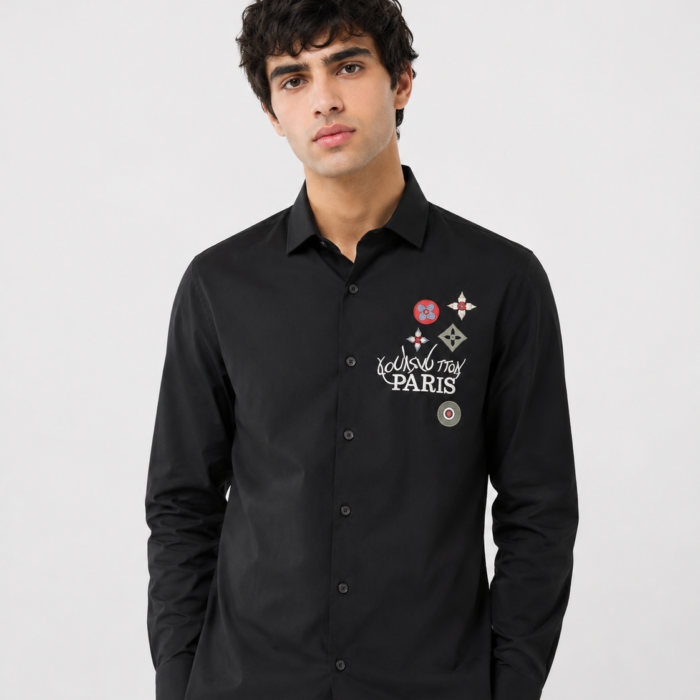 Black Embroidered Motif Button-Down Shirt