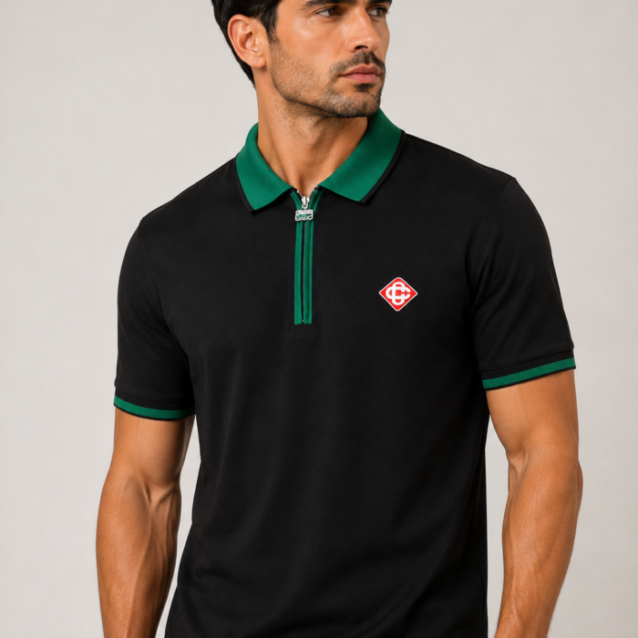 Men's Black & Green Zip Polo T-Shirt