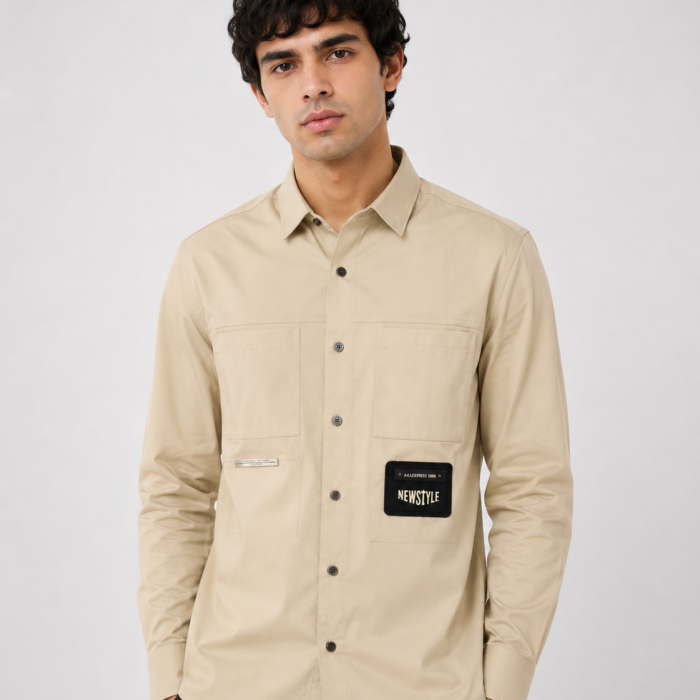 Beige Utilitarian Patch Button-Down Shirt