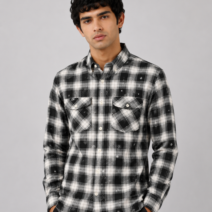 Distressed Black & White Plaid Button-Down Shirt