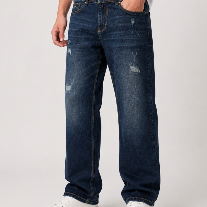 Relaxed Straight Distressed Dark Wash Jeans