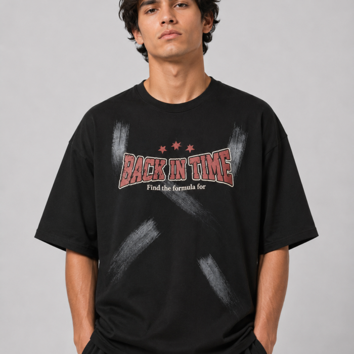 Black Drop Shoulder "Back In Time" Varsity Graphic T-Shirt