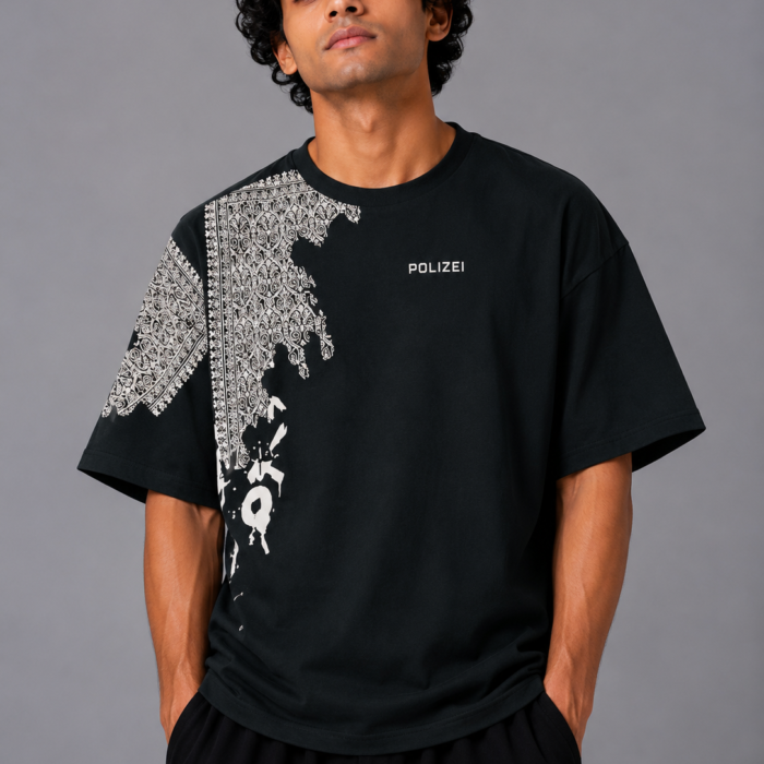 Black Drop Shoulder Asymmetrical Distressed Print T-Shirt