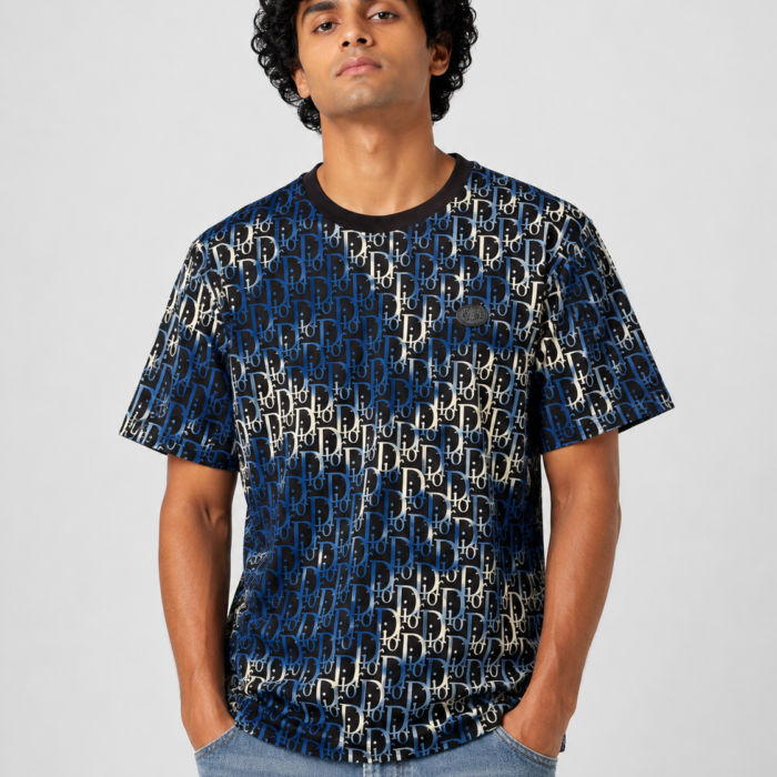 Blue & Black All-Over Monogram Print T-Shirt