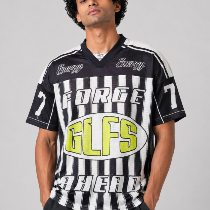 Black & White Striped Y2K Graphic Mesh Jersey