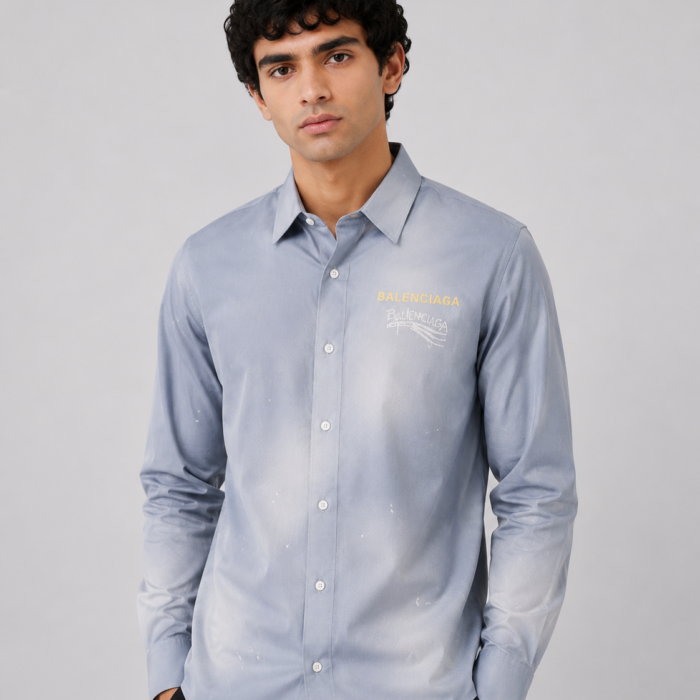 Dusty Blue Faded Wash Graphic Button-Down