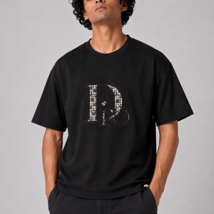 Black Drop Shoulder Monogram Patch T-Shirt
