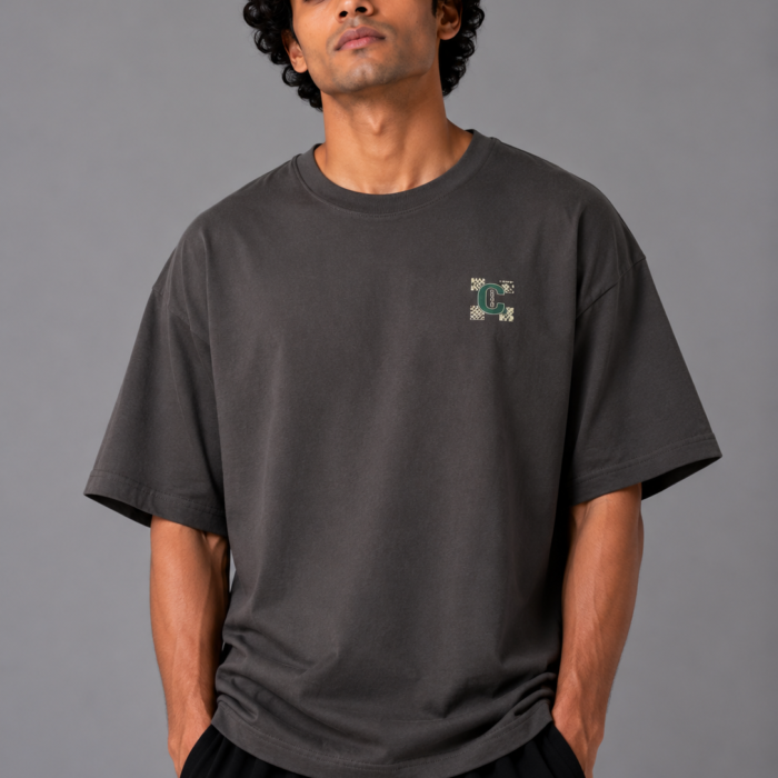 Charcoal Grey Drop Shoulder Minimalist Crest T-Shirt