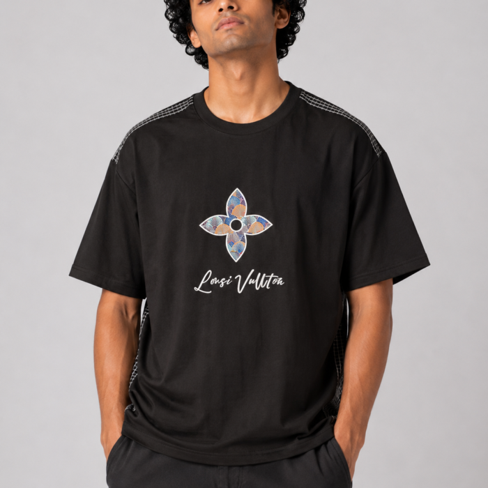 Black Drop Shoulder Grid Paneled Motif T-Shirt