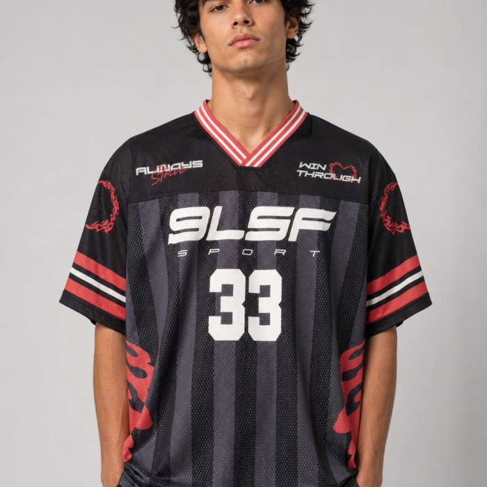 Black Oversized V-Neck Striped Graphic Sports Jersey