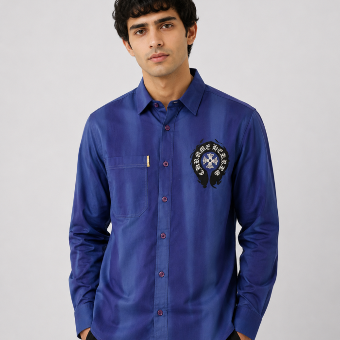 Cobalt Blue Faded Wash Gothic Patch Button-Down