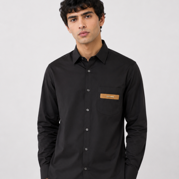 Black Leather & Hardware Accent Button-Down Shirt