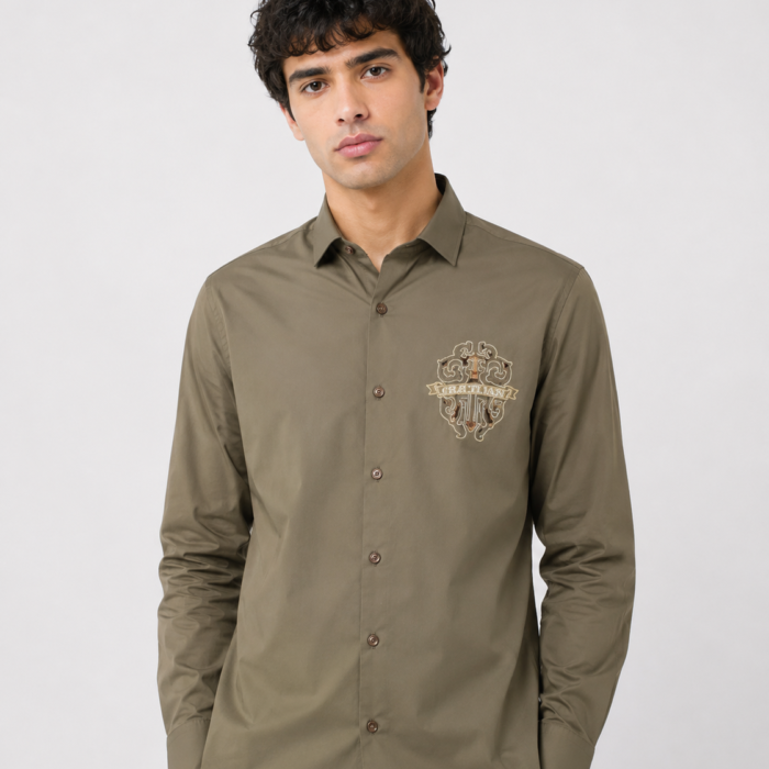 Olive Green Heraldic Crest Button-Down Shirt