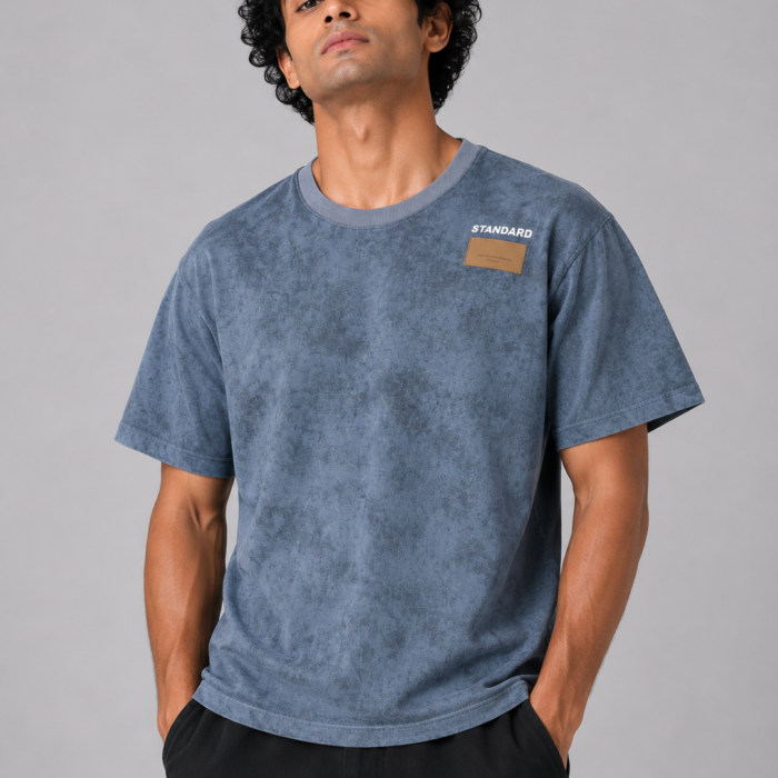 Slate Blue Acid Wash Drop Shoulder Patch T-Shirt