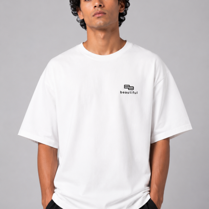 White Drop Shoulder "Beautiful" Minimalist Graphic T-Shirt