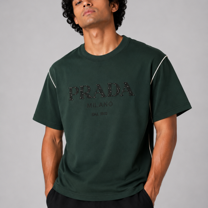 Dark Green Drop Shoulder Rhinestone Embellished Graphic T-Shirt