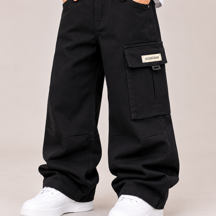 Kids Black Baggy Cargo Jeans