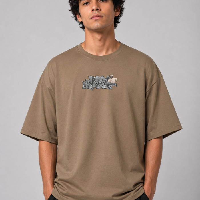 Khaki Brown Drop Shoulder Graffiti Graphic T-Shirt