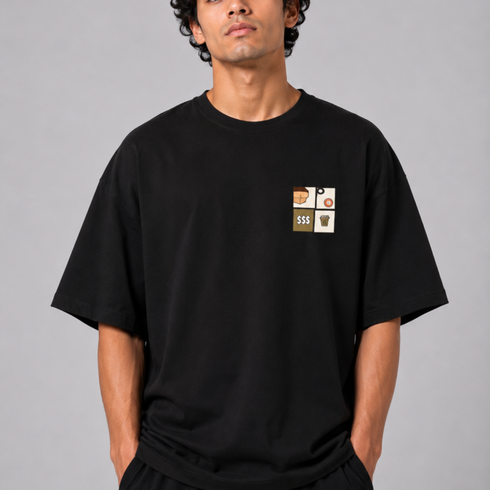 Black Drop Shoulder Minimalist Grid Graphic T-Shirt