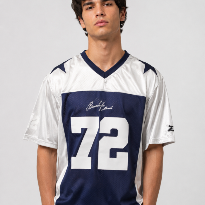 Navy & White Oversized V-Neck "72" Star Graphic Jersey