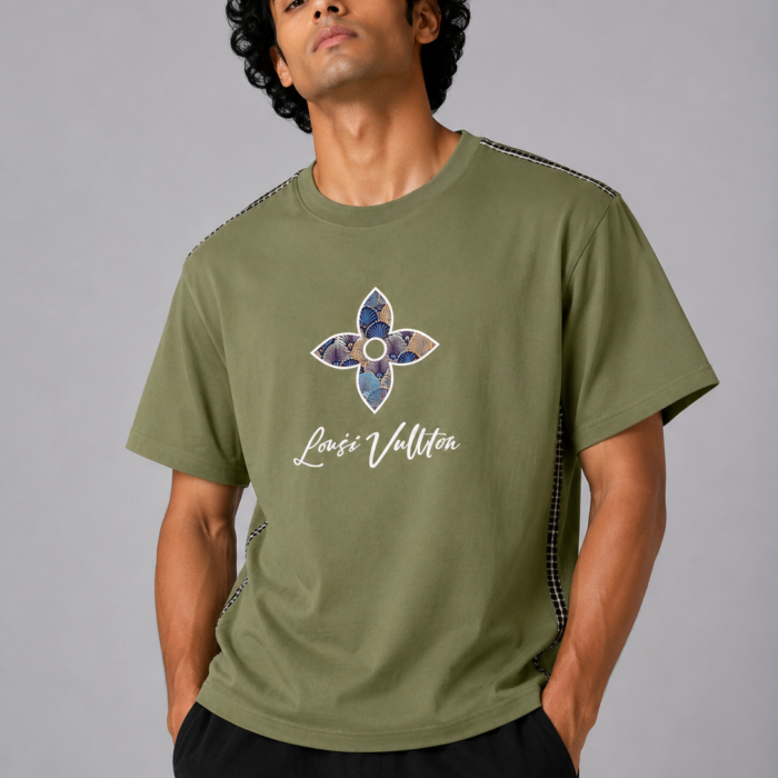 Olive Green Graphic Printed Downshoulder T-Shirt with Side Piping
