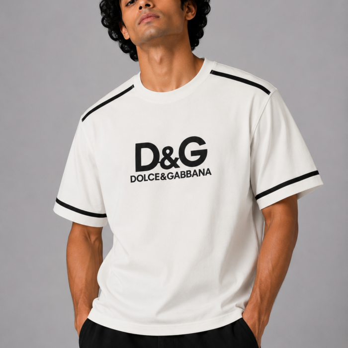 Pure White Bold Branding Downshoulder T-Shirt with Black Piping