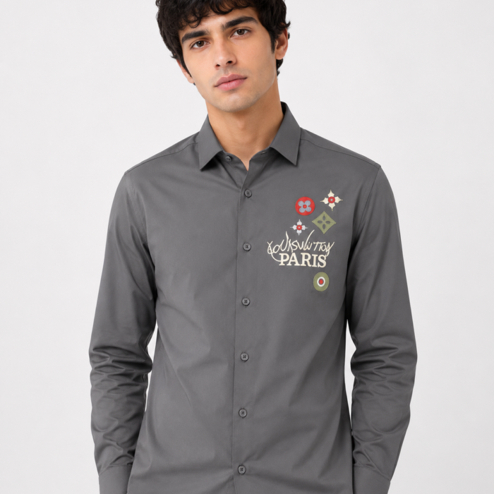 Grey Embroidered Motif Button-Down Shirt