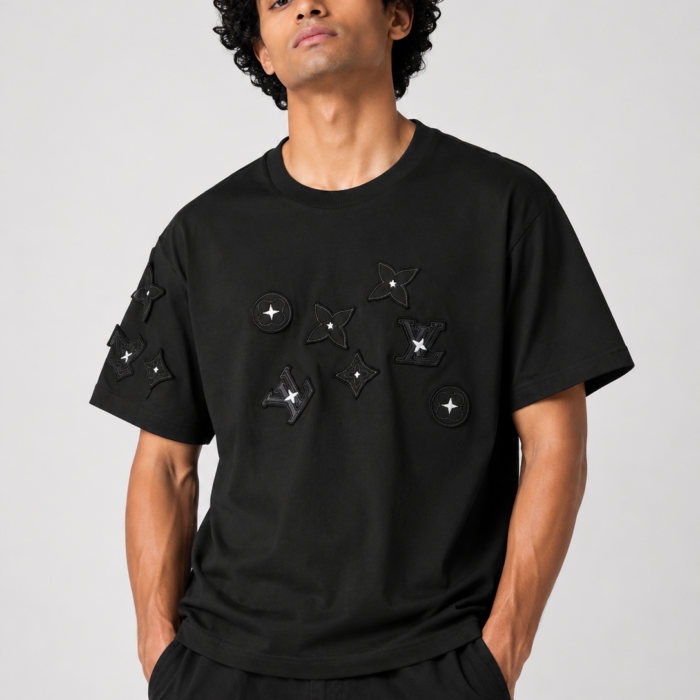 Black Drop Shoulder Scattered Monogram Patch T-Shirt