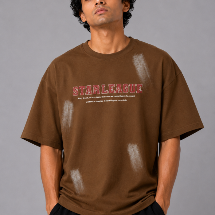 Brown Drop Shoulder Varsity Graphic T-Shirt