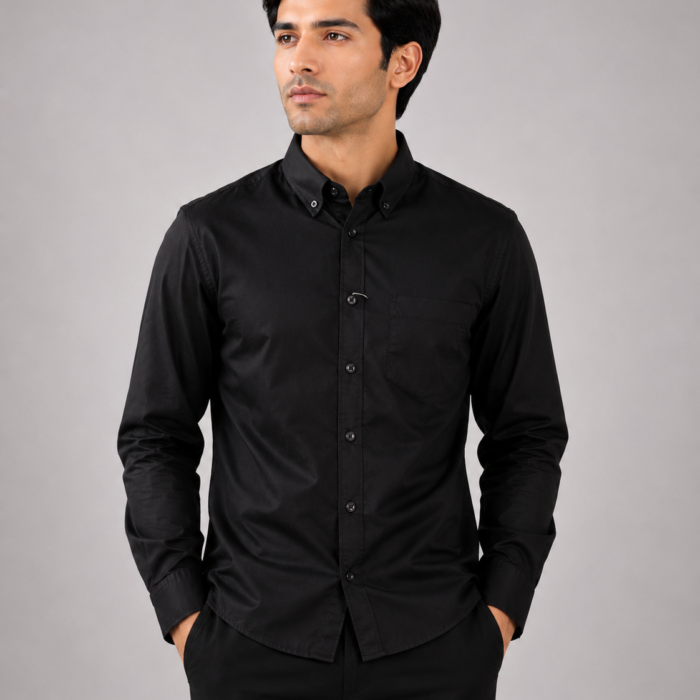 Sleek Black Cotton-Linen Blend Button-Down