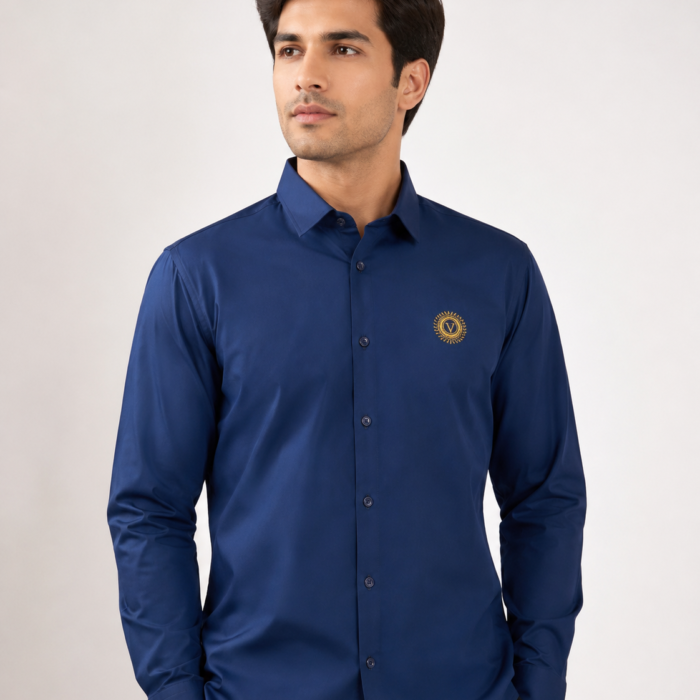 Premium Stitchless Navy Blue Button-Down with Crest