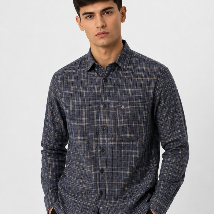 Textured Navy Plaid Button-Down Shirt