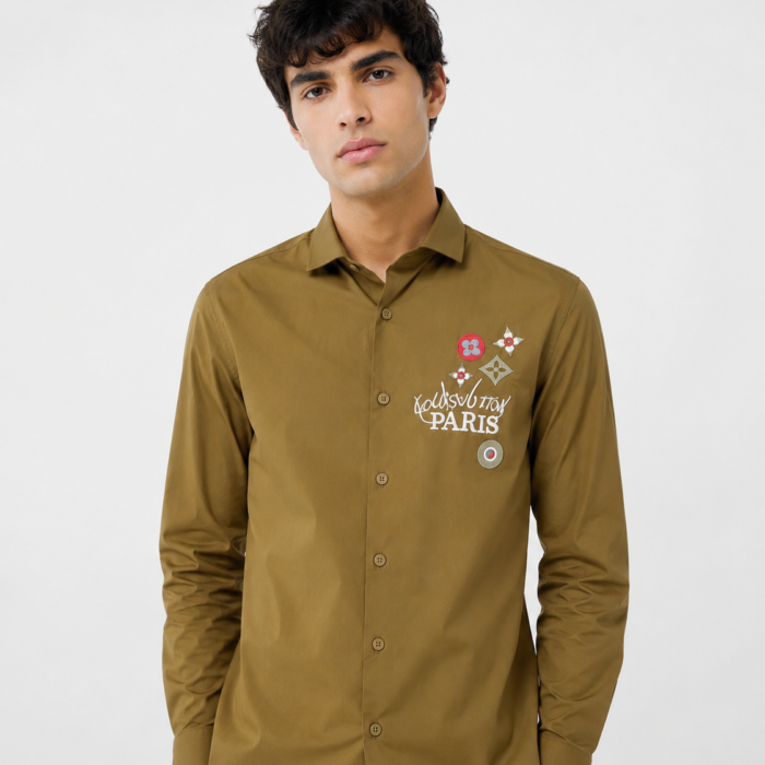 Olive Green Embroidered Graphic Button-Down Shirt