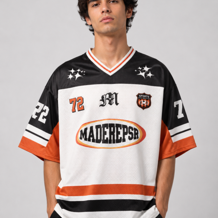 Tricolor Oversized V-Neck Graphic Sports Jersey