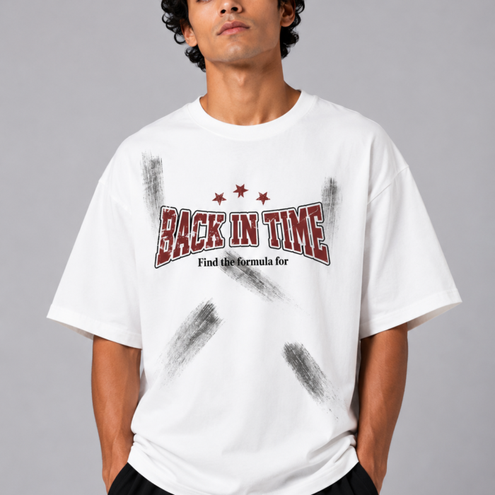 White Drop Shoulder "Back In Time" Varsity Graphic T-Shirt