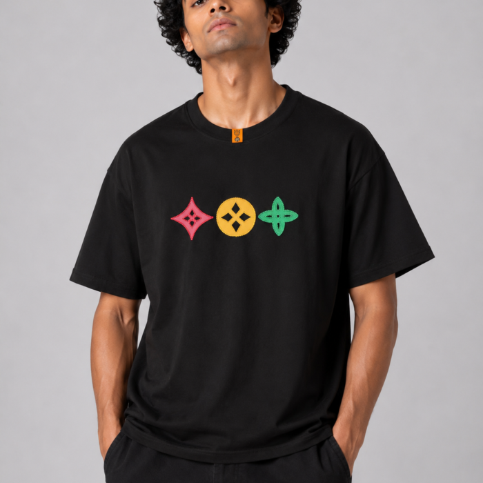 Black Drop Shoulder Vibrant Motif Patch T-Shirt