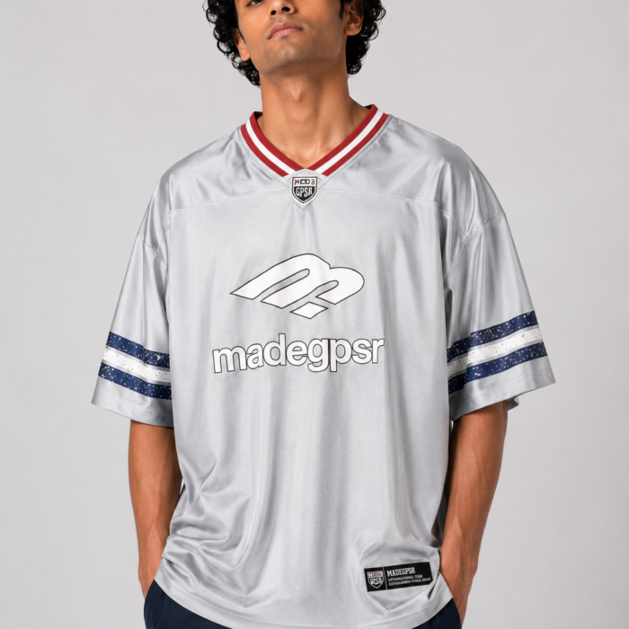 Metallic Silver Oversized Graphic Sports Jersey
