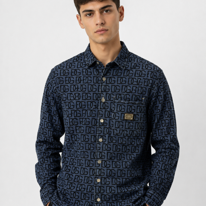 Indigo Monogram Print Long-Sleeve Shirt