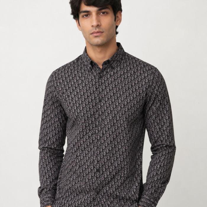 Charcoal Monogram Print Button-Down Shirt