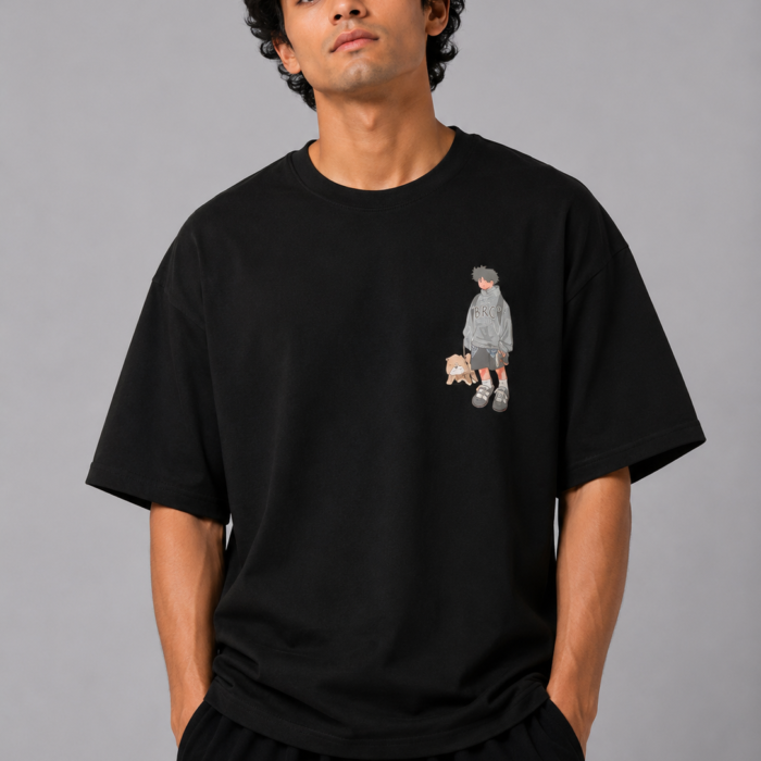 Black Drop Shoulder Anime Character Graphic T-Shirt