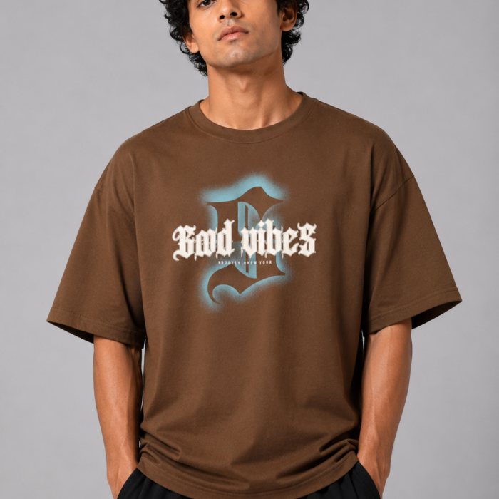 Brown Drop Shoulder "Good Vibes" Gothic Graphic T-Shirt