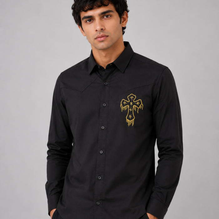 Black Embroidered Dripping Cross Western Shirt